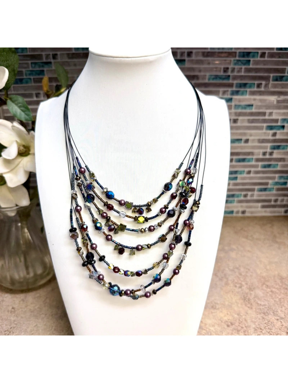 Chicos Multi Strand Statement Necklace Floating Beads Illusion Wire